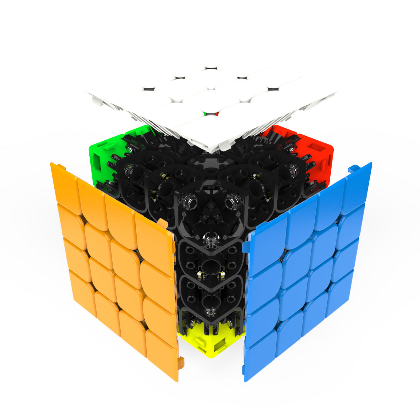 Disassembled 4x4 speed cube showing colorful outer pieces and black inner mechanism