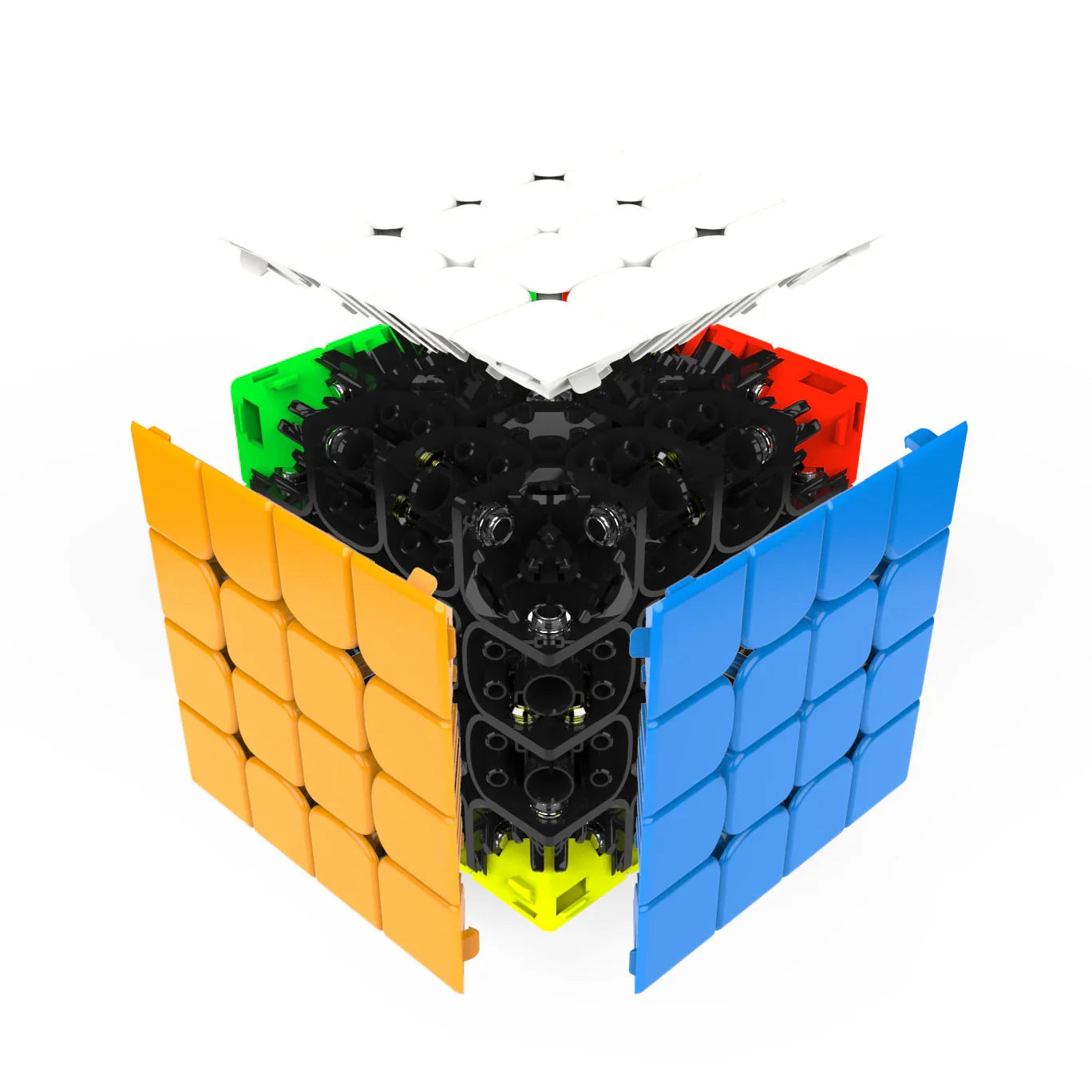 Disassembled 4x4 speed cube showing colorful outer pieces and black inner mechanism