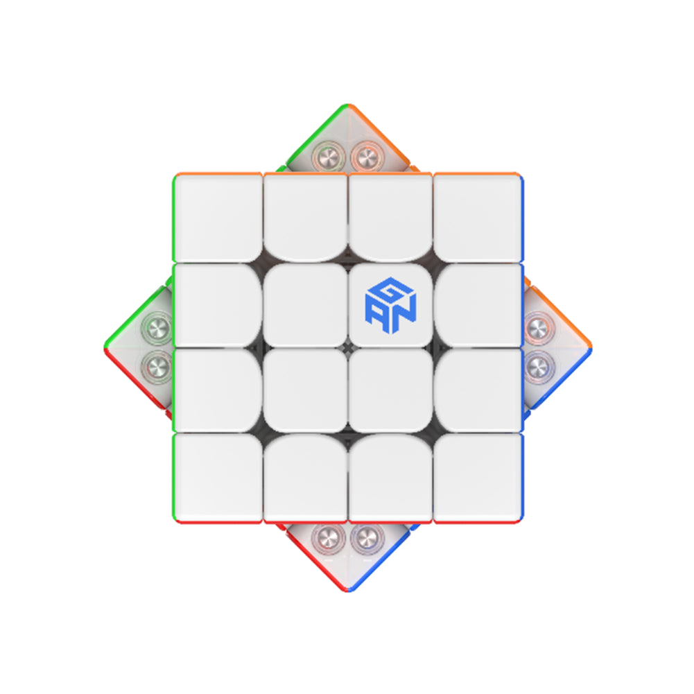 Top view of Gancube 460M V2 magnetized Rubik's cube with white center and visible screws