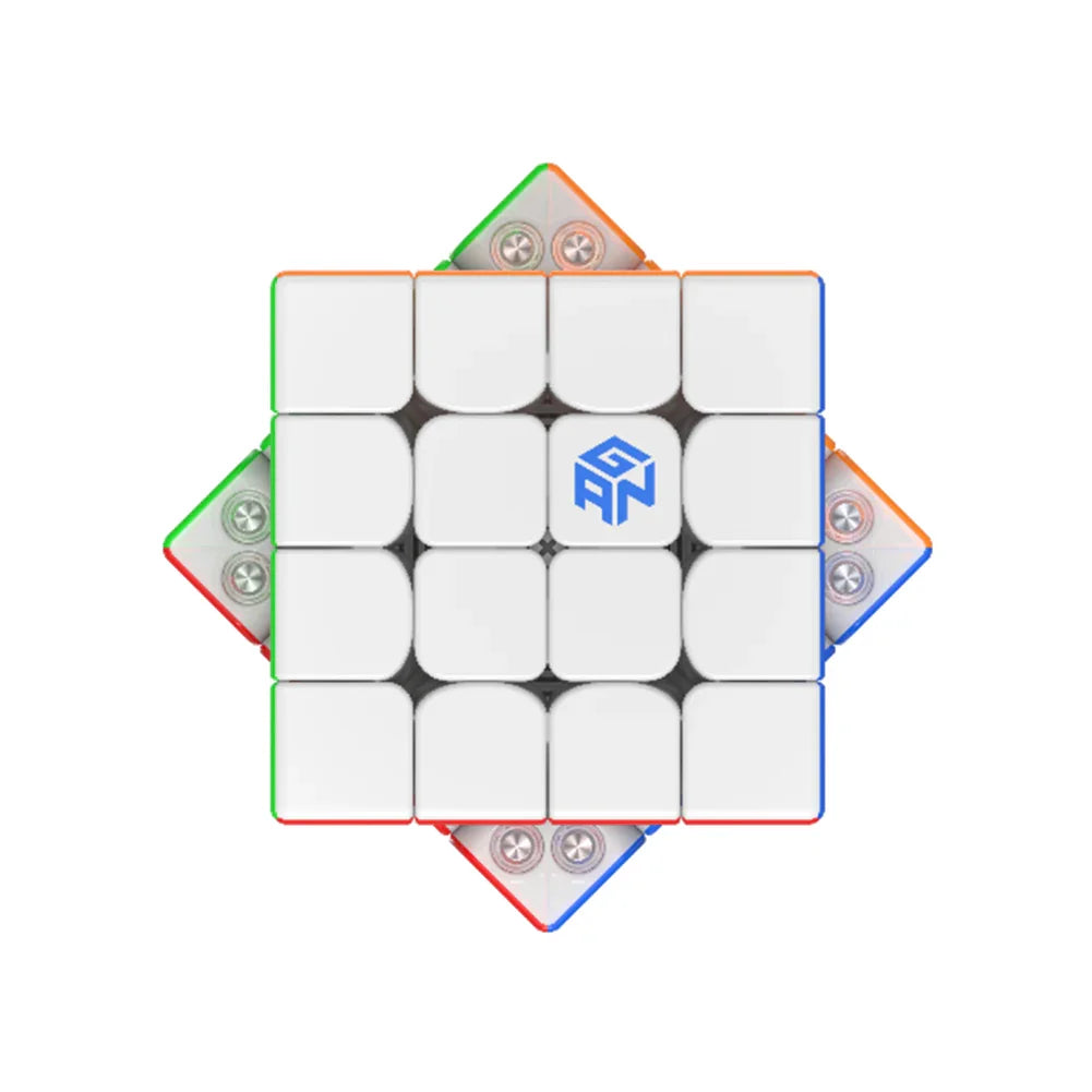Top view of Gancube 460M V2 magnetized Rubik's cube with white center and visible screws