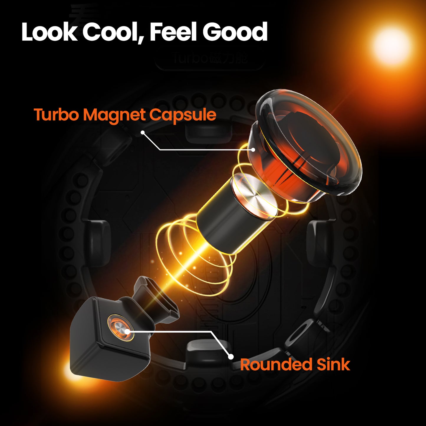 Exploded view of Turbo Magnet Capsule and Rounded Sink components in a glowing orange tech design