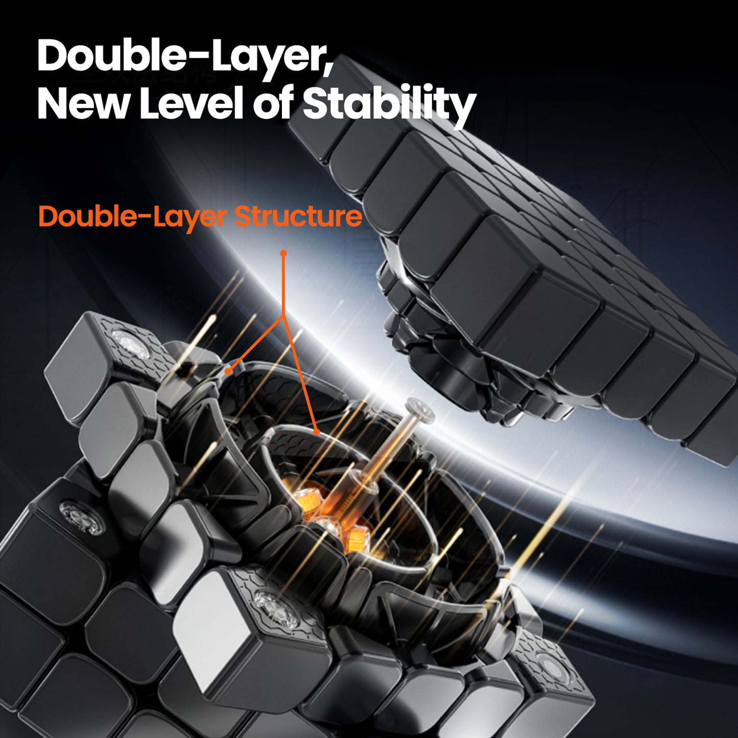 Exploded view of black Rubik's Cube with double-layer structure for enhanced stability