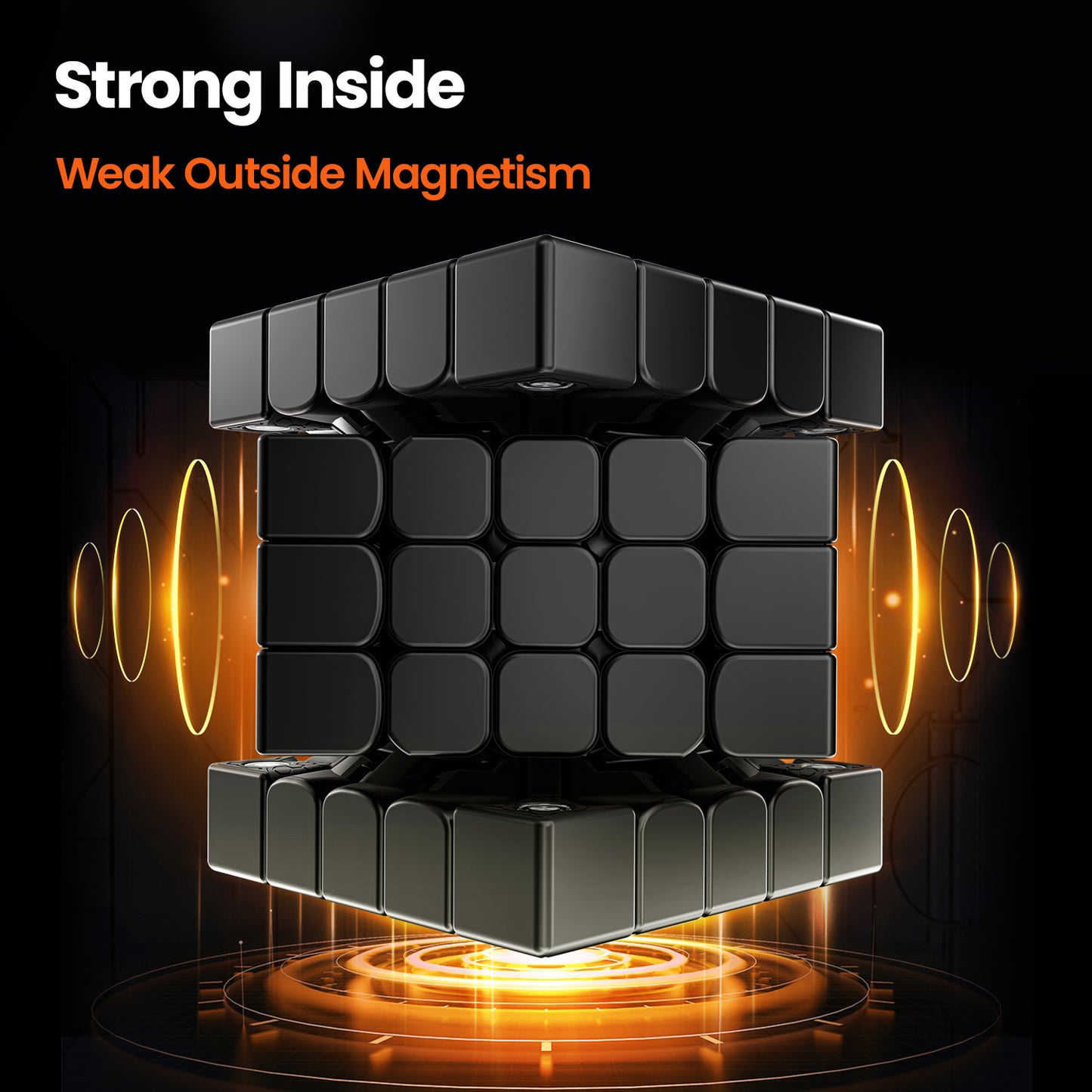 Black magnetic Rubik's Cube with glowing orange magnetic effect and text about inside strength