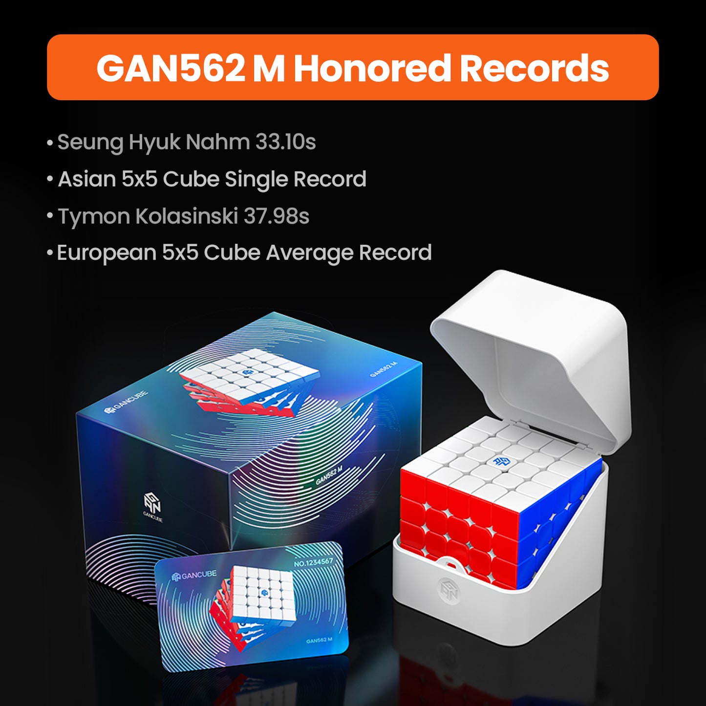 GAN562 M 5x5 speed cube with packaging and card, highlighting world and regional records
