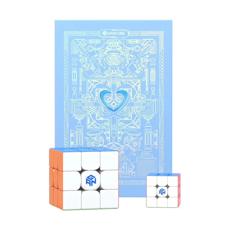 GanCube branded large and mini 3x3 speed cubes with blue gift box featuring intricate mechanical design