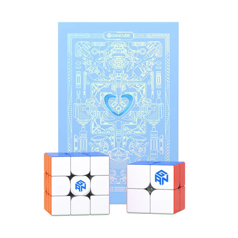 GAN Cube 2x2 and 3x3 speed cubes with blue decorative gift box featuring technical design