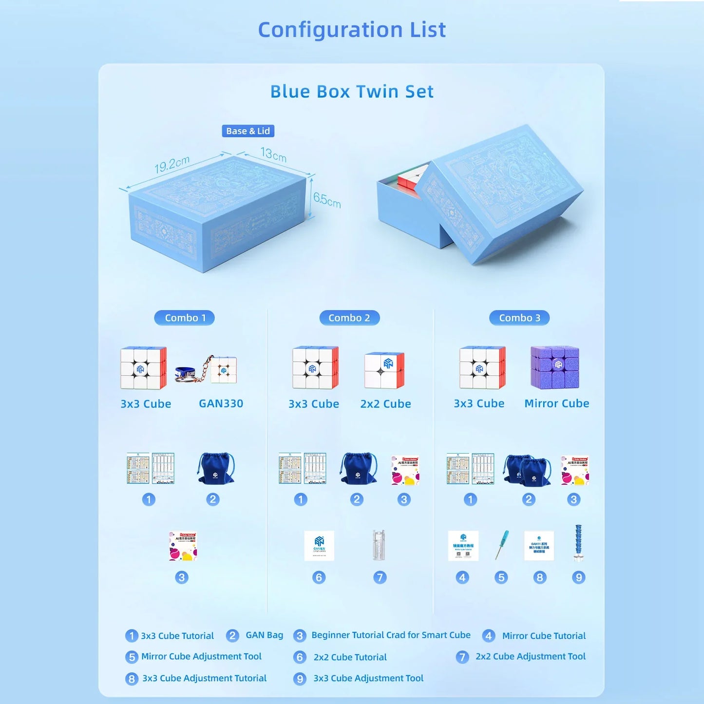 Blue Box Twin Set packaging with dimensions and puzzle cube combos including 3x3, 2x2, Mirror cube, and accessories