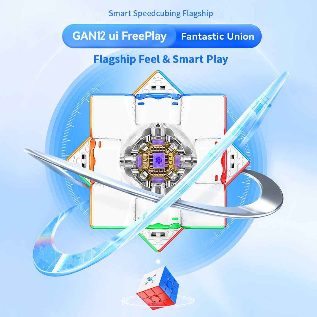 Top view of GAN12 ui FreePlay smart speedcube showing internal mechanics with blue and metallic rings