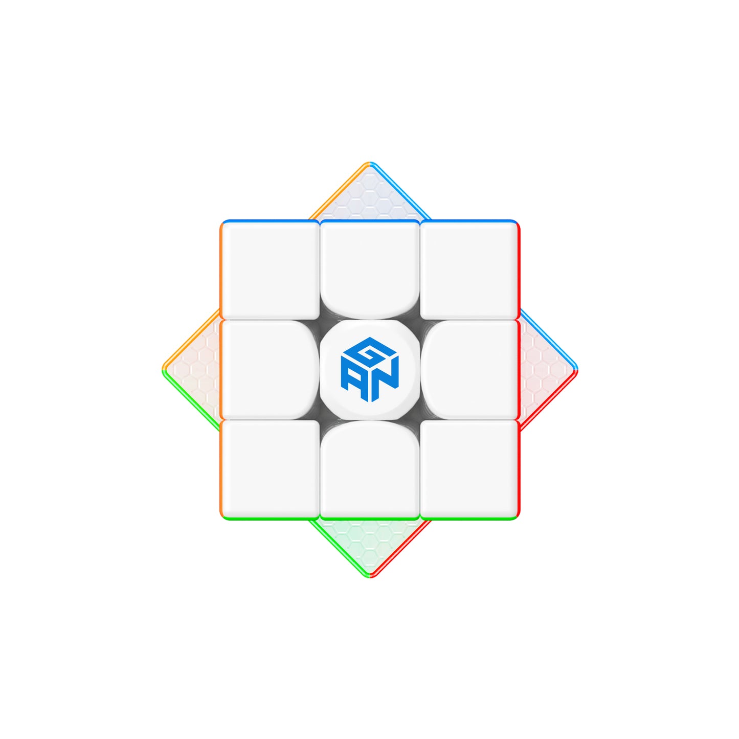 Top view of a white GAN 3x3 Rubik's Cube with colored edges and GAN logo center piece