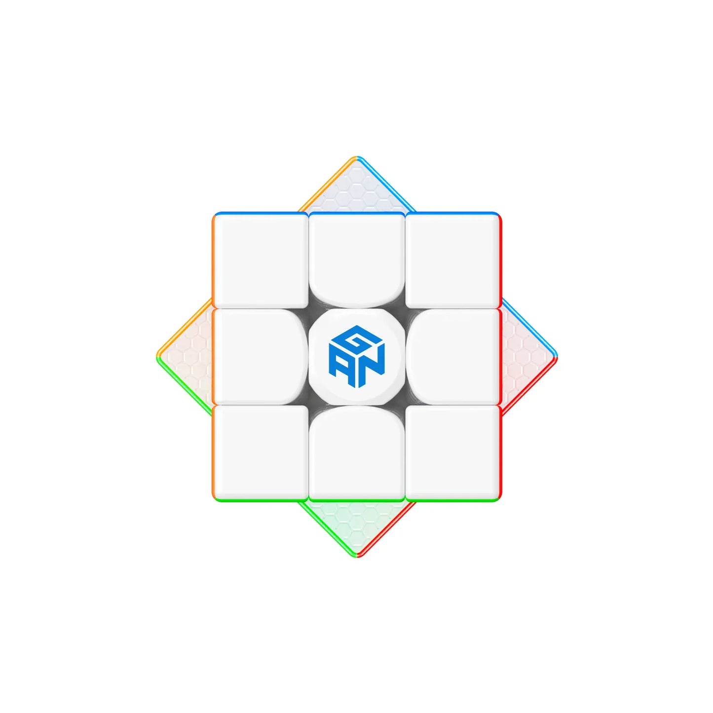 Top view of a white GAN 3x3 Rubik's Cube with colored edges and GAN logo center piece