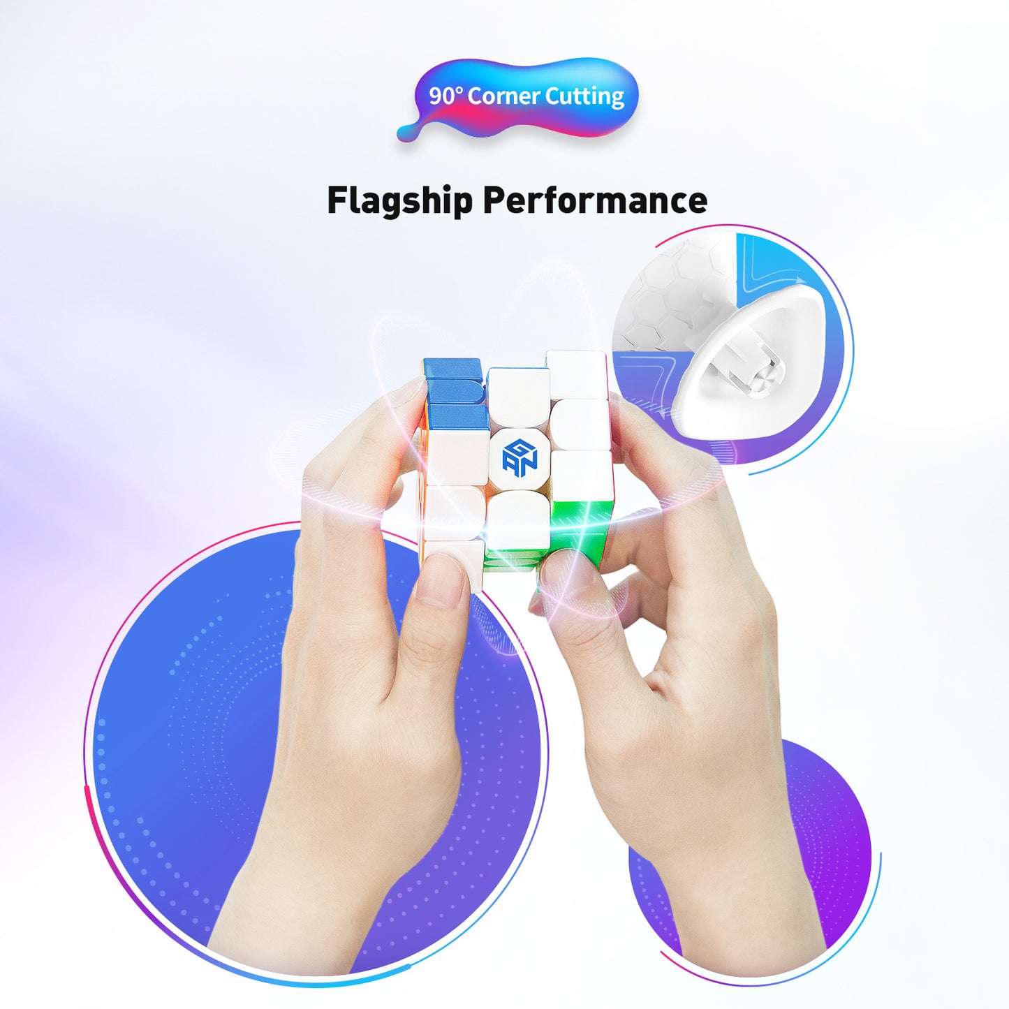 Hands holding a white GAN Rubik's Cube with text '90° Corner Cutting' and 'Flagship Performance'