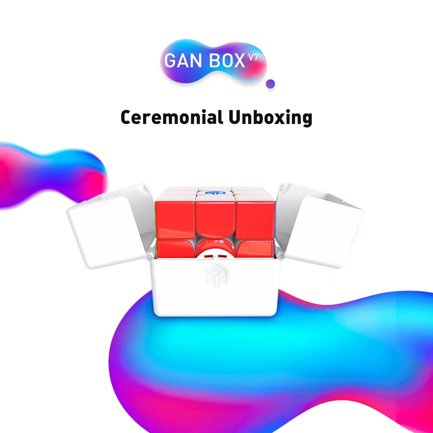 GAN BOX v7 ceremonial unboxing featuring a red and white Rubik's cube in a white case with colorful blue and purple accents