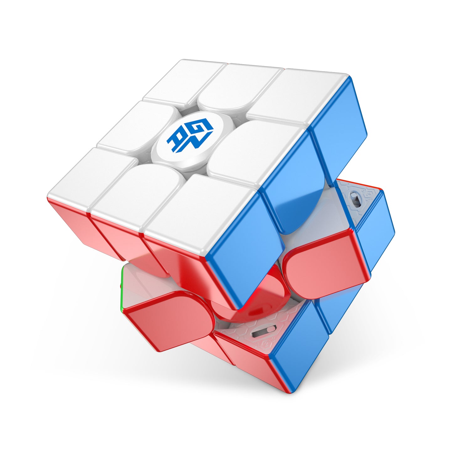 Partially twisted GAN11M Pro UV speed cube with white, blue, and red sides and visible internal mechanism