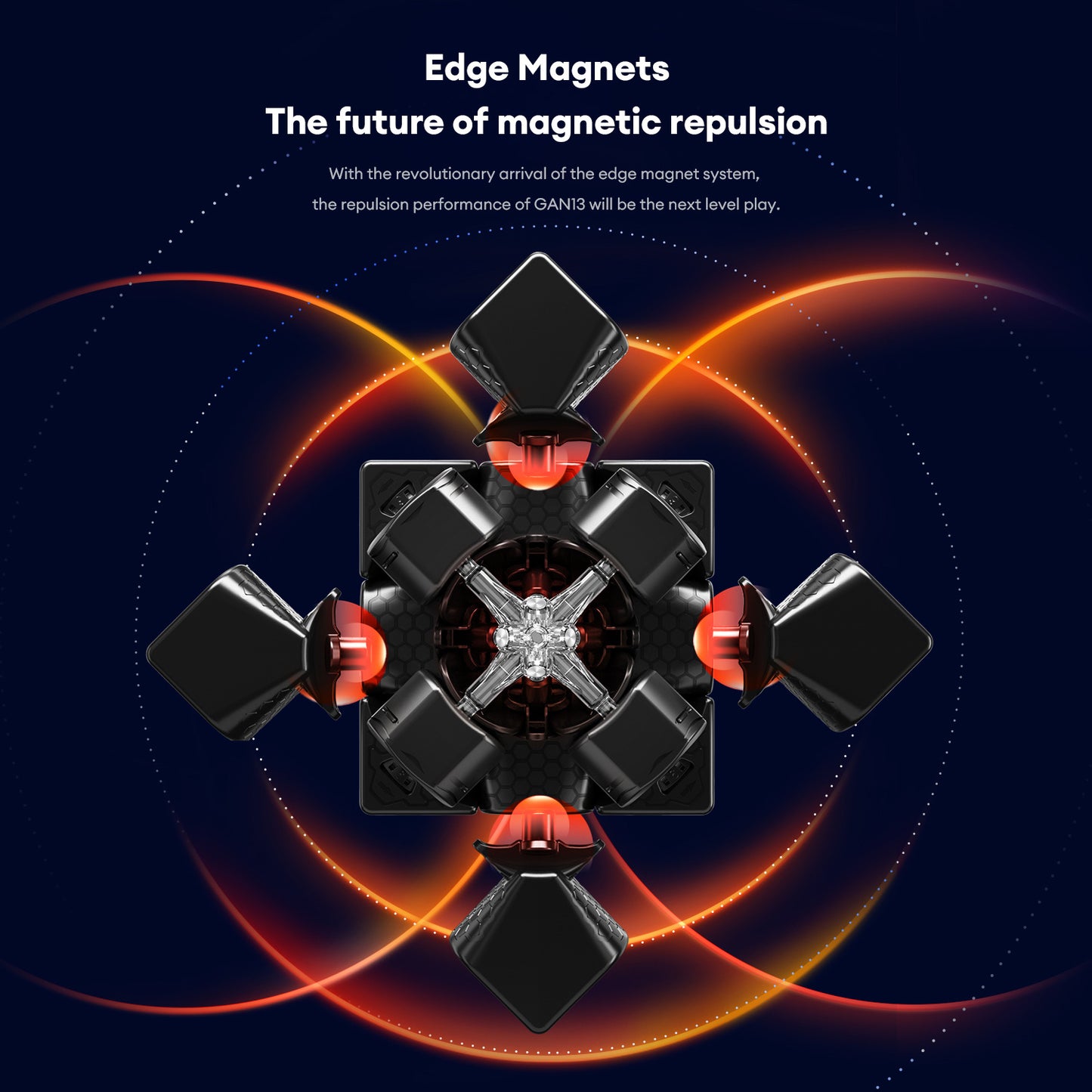 Top view of GAN13 cube core showing edge magnets and magnetic repulsion system with glowing red elements
