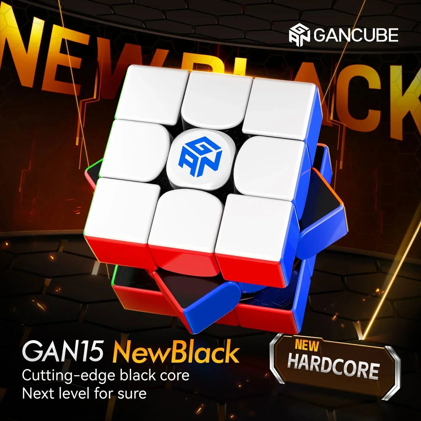 GAN Cube GAN15 NewBlack speed cube with white, red, and blue sides, featuring a cutting-edge black core