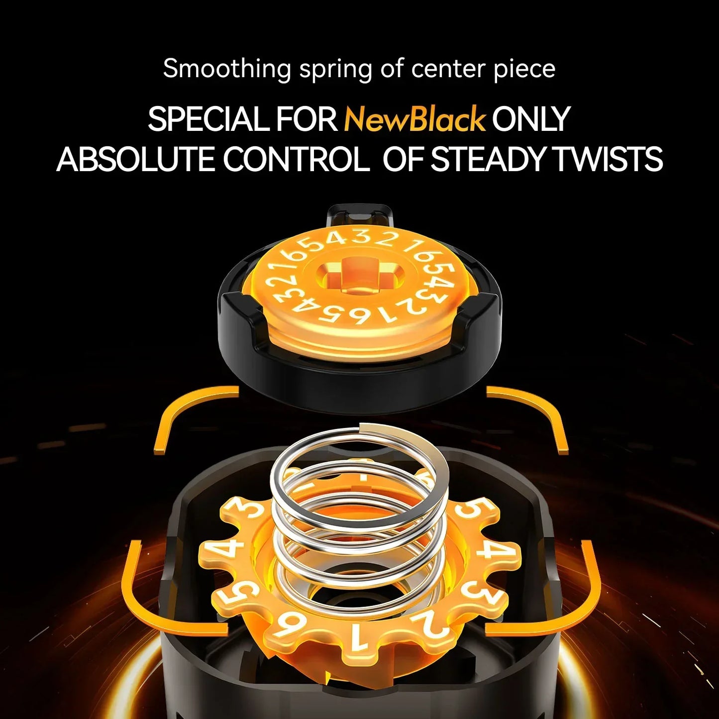 Close-up of black and orange adjustable puzzle spring mechanism with numbered dial for steady twist control