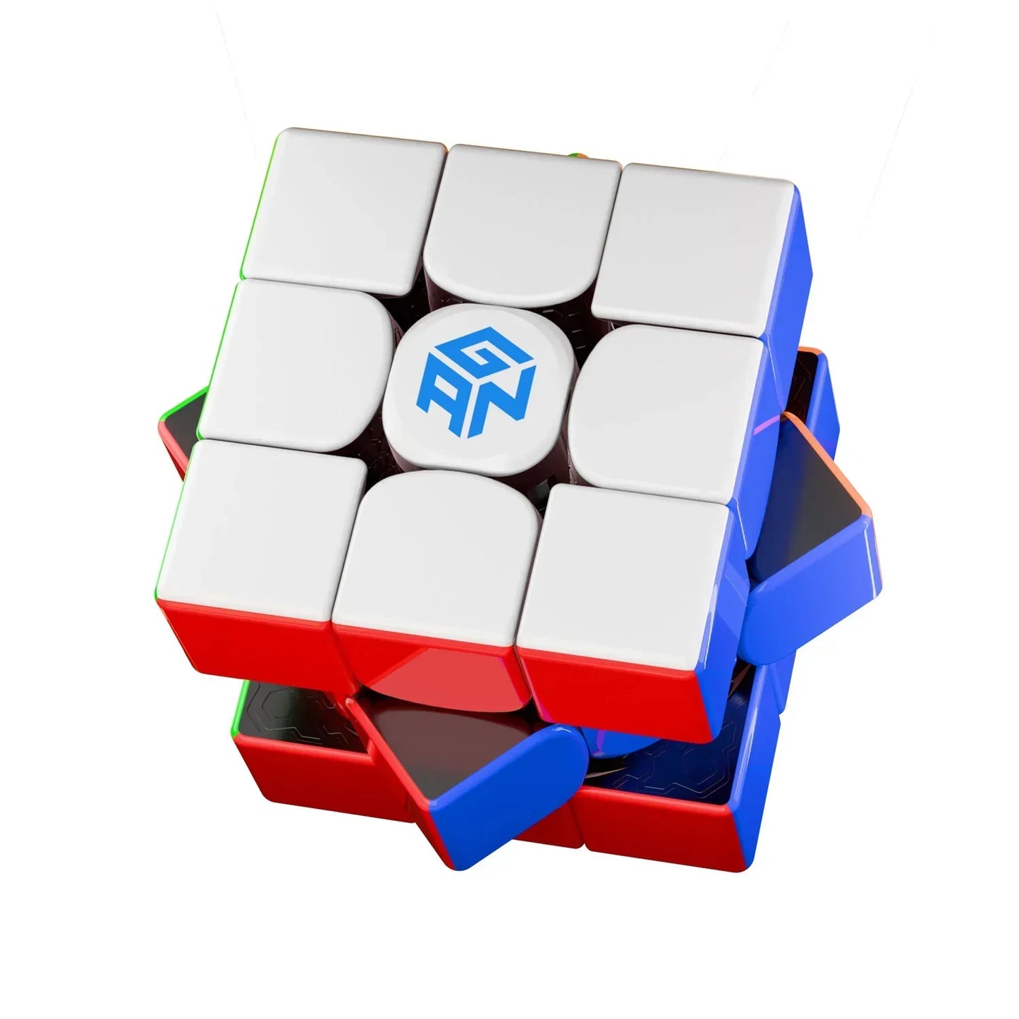 GANCube GAN 15 Leap black 3x3 speed cube puzzle with white, red, and blue sides partially twisted