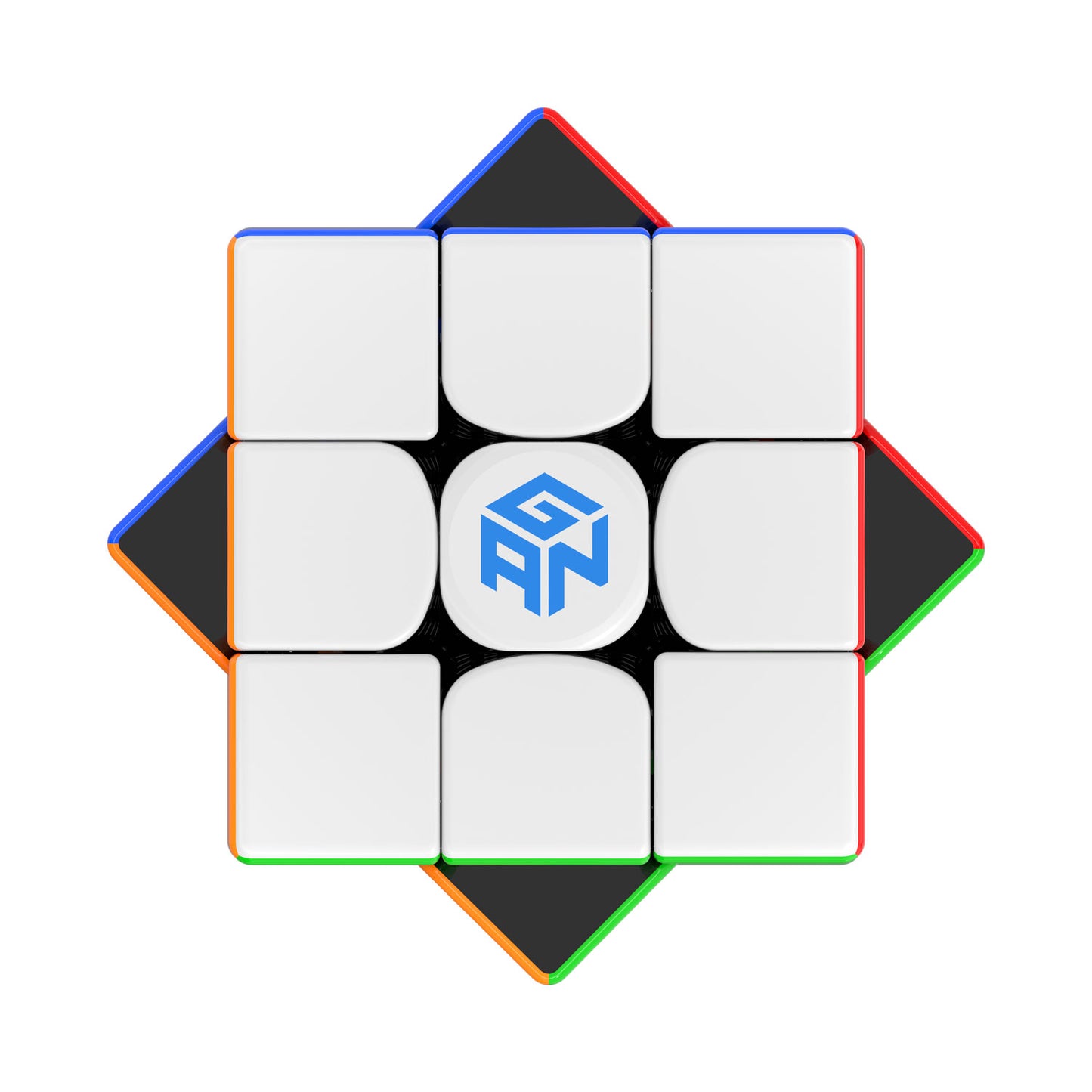 Top view of Gan 15 Leap black speed cube with white center and colorful edges on white background
