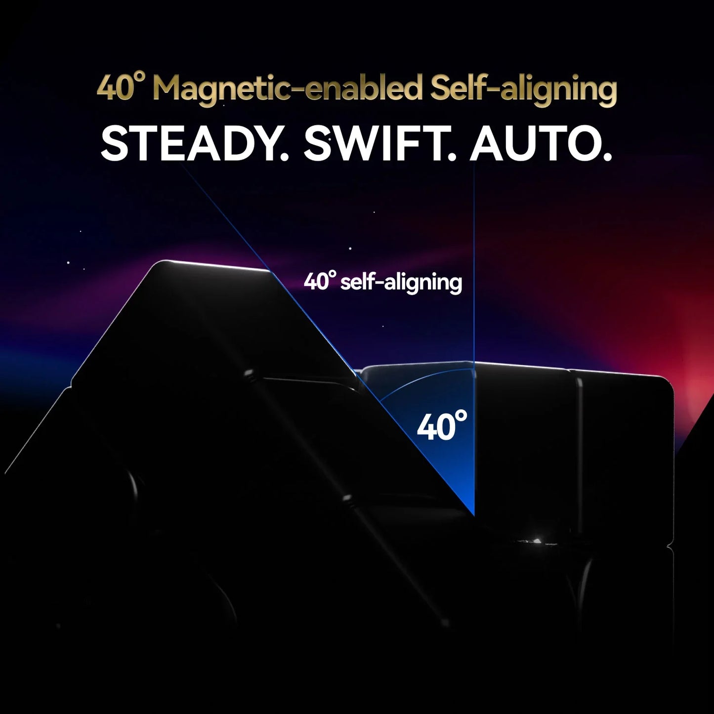Close-up of a black magnetic-enabled puzzle cube highlighting 40° self-aligning feature on dark background