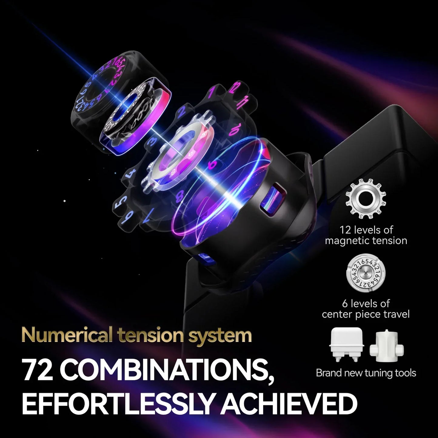 Exploded view of magnetic numerical tension system with 12 magnetic levels and 6 center piece travel levels for puzzle tuning