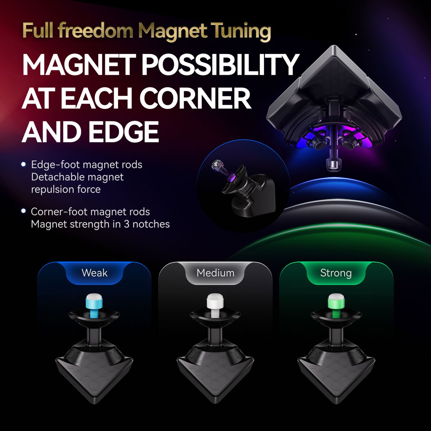 GAN Cube 16 Maglev Max showing adjustable magnet rods with weak, medium, and strong magnetic tuning options