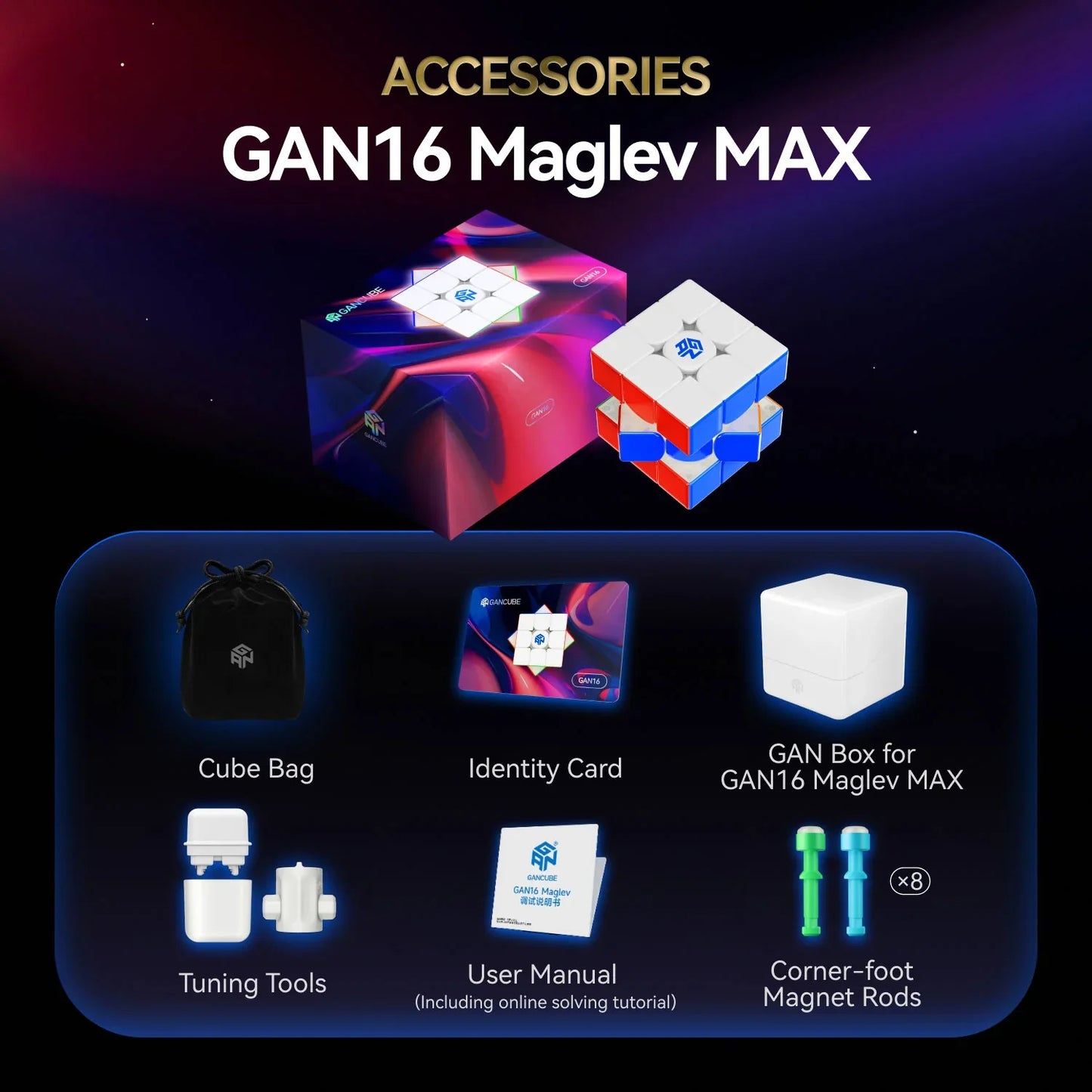 GAN16 Maglev MAX speed cube and accessories including cube bag, identity card, GAN box, tuning tools, user manual, and magnet rods