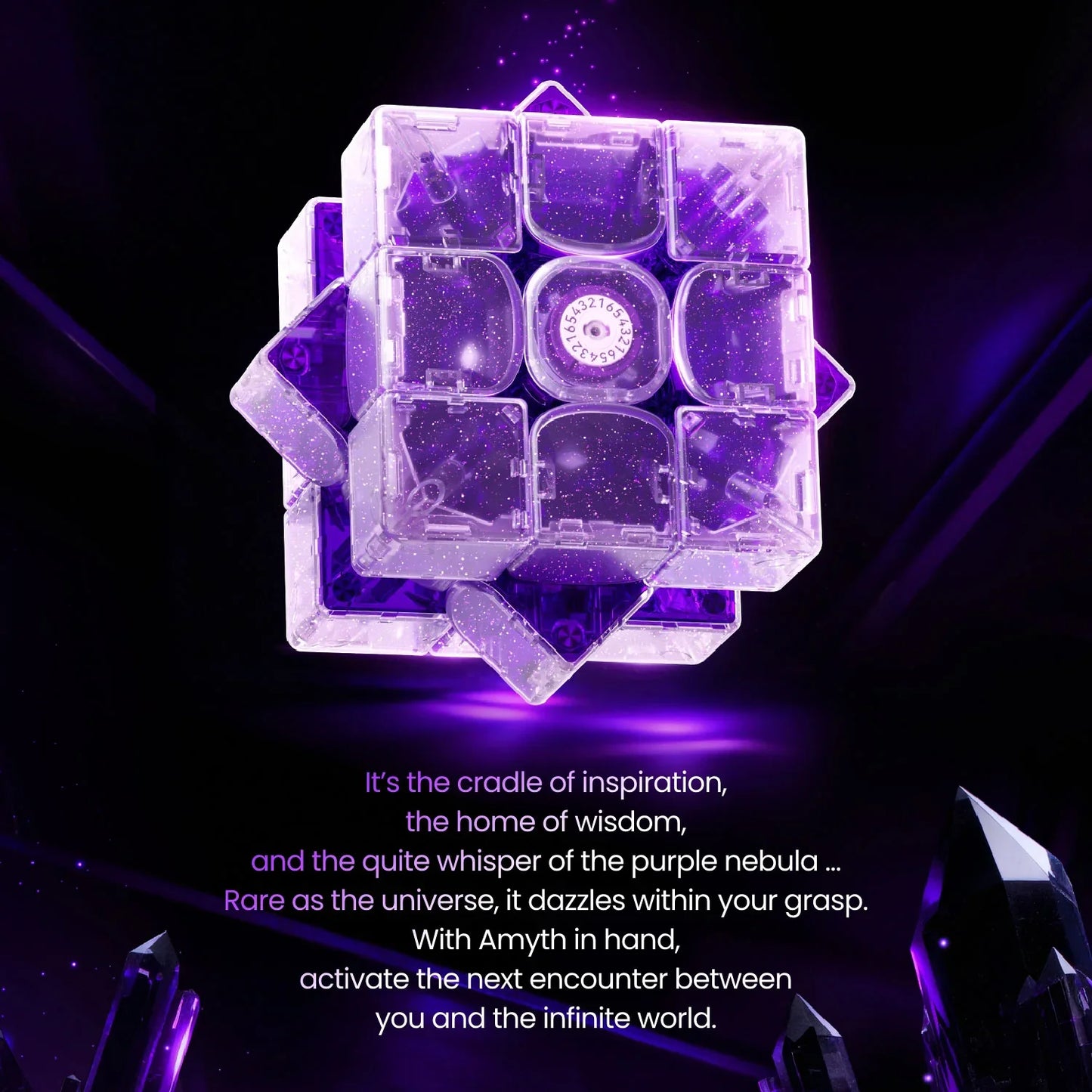 Transparent purple GANCube Gan16 Max Amyth puzzle cube with cosmic glitter details