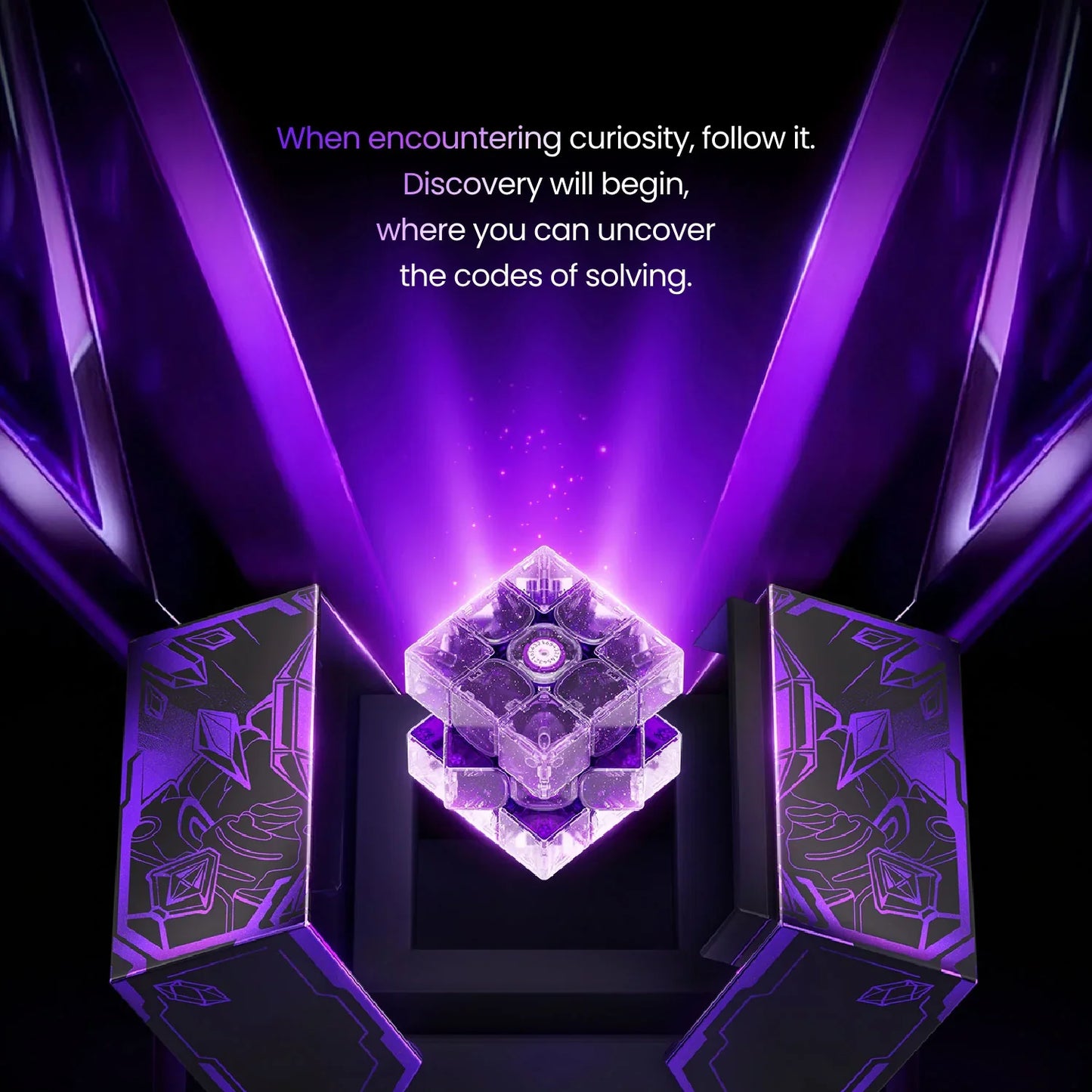 Glowing transparent purple cube with mechanical design inside an illuminated black and purple box with abstract patterns