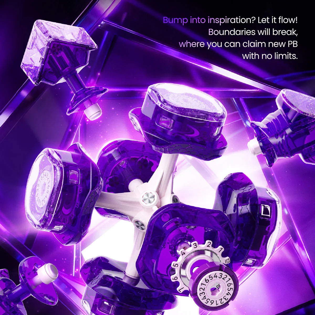 Close-up of purple transparent GanCube Gan16 Max puzzle with white core on neon purple background