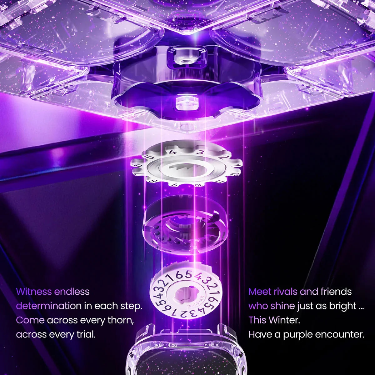 Close-up of translucent purple mechanical parts with numbered white dials and glowing light effects