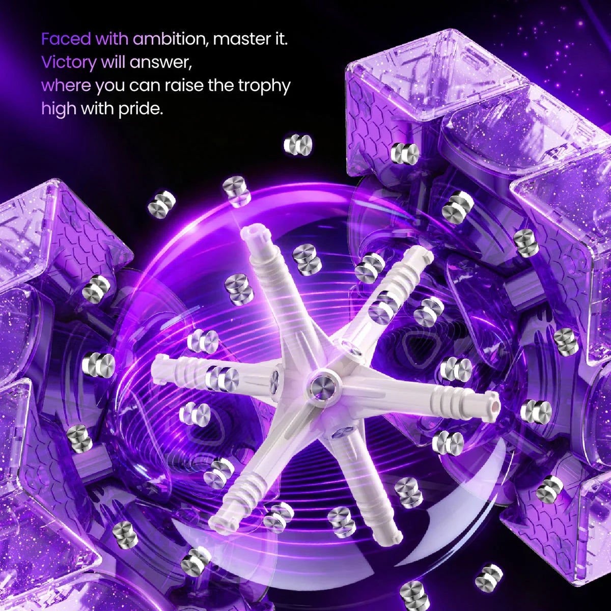 Close-up of a purple translucent mechanical device with white star-shaped inner part and metallic pins, futuristic design