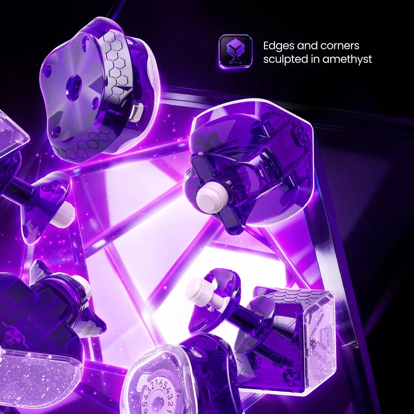 Purple translucent puzzle cube parts with amethyst-sculpted edges and corners glowing on a dark background