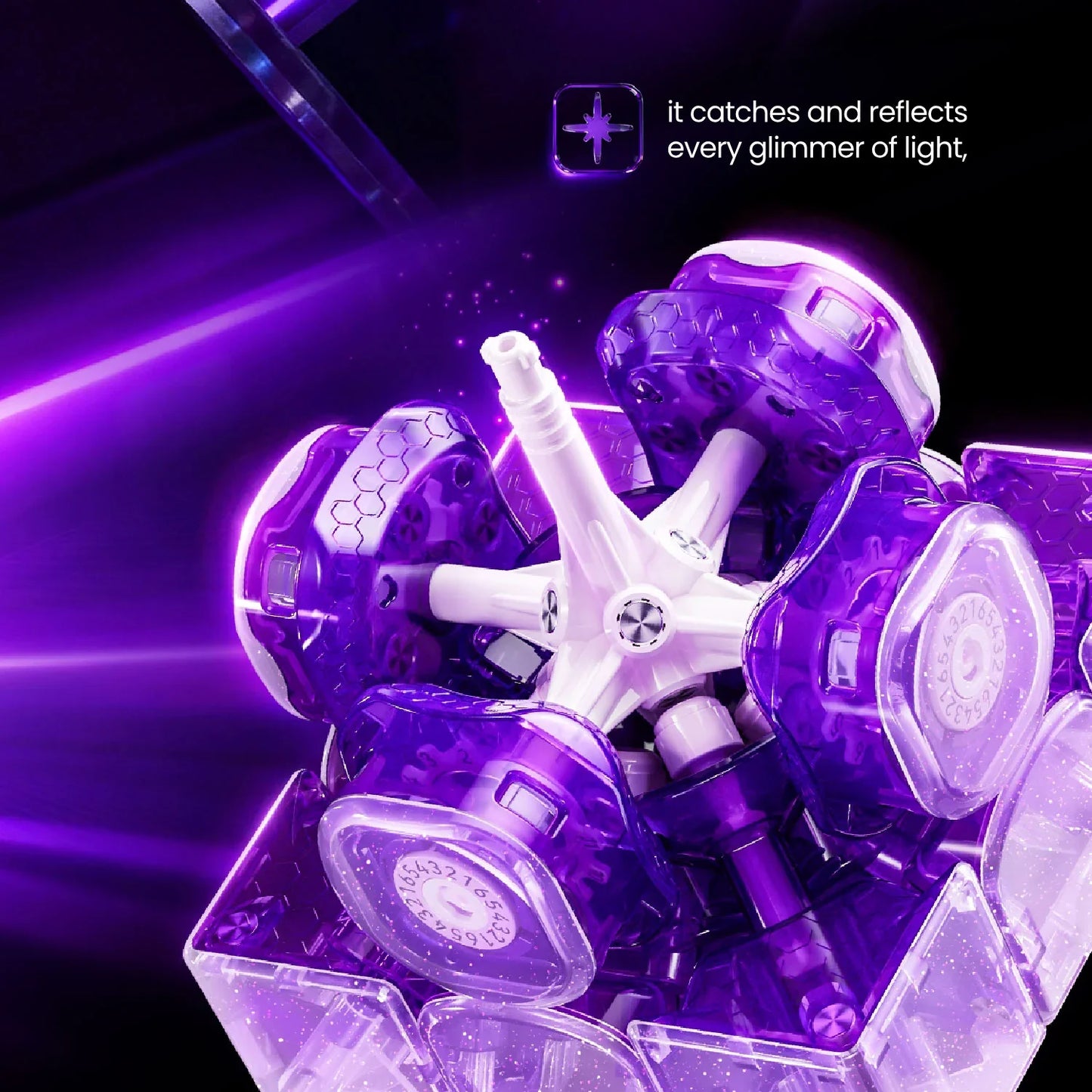Close-up of a purple transparent mechanical puzzle cube center with white core and light reflections