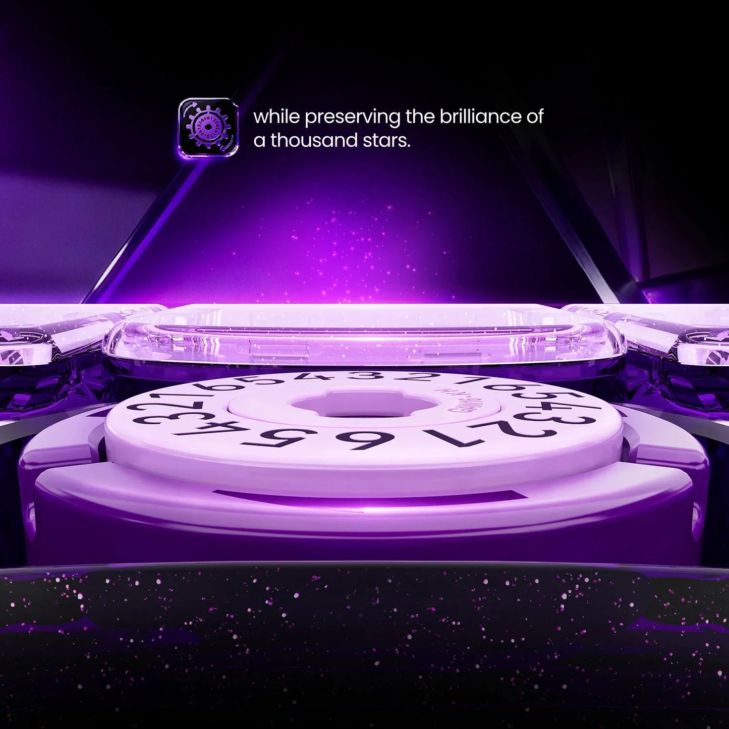 Close-up of purple-tinged watch mechanism with rotating numbered dial and sparkling particle effect