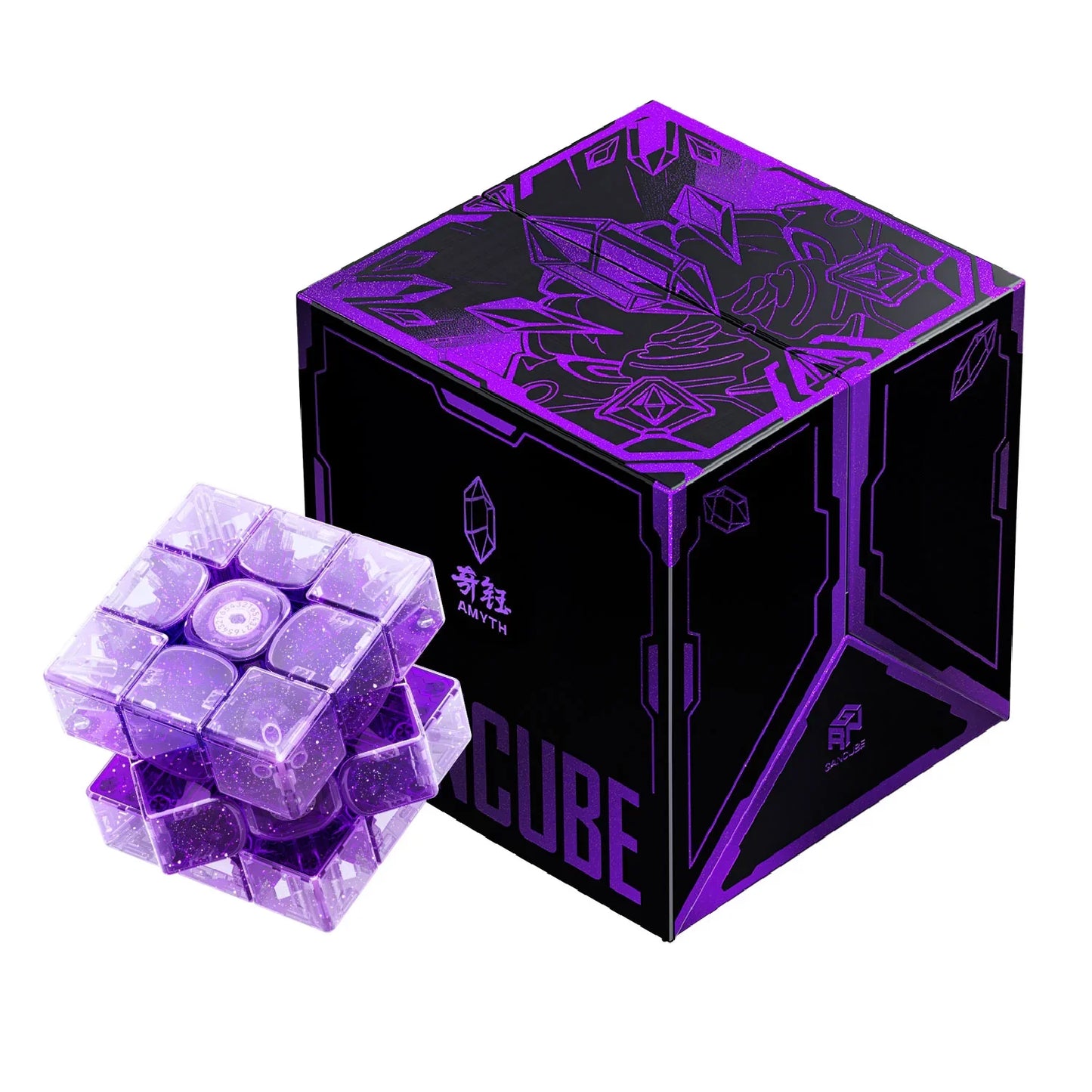 Purple translucent GanCube AMYTH 3x3 speed cube puzzle with black and purple decorative packaging