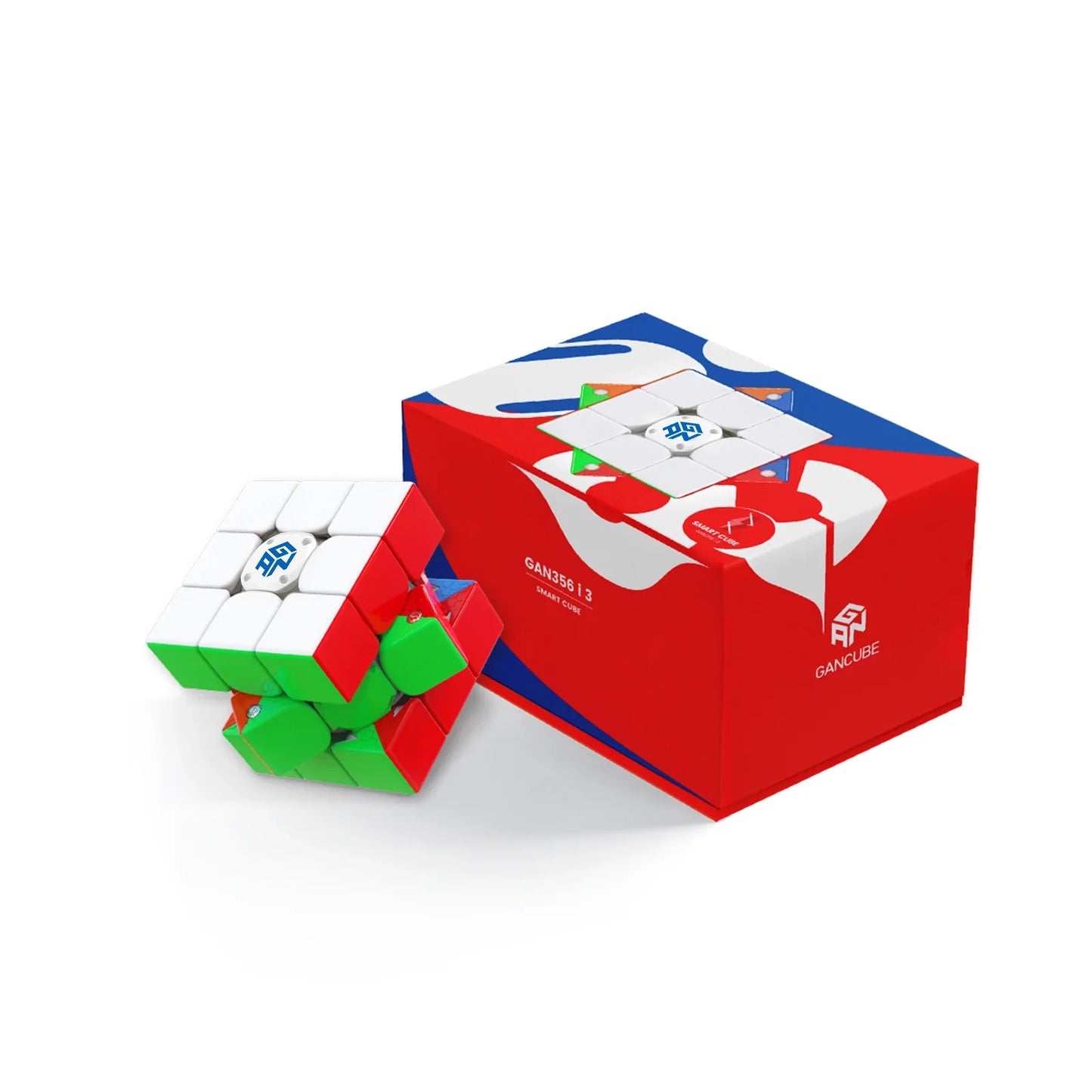 GAN356 i3 smart cube partially twisted next to its red, white, and blue packaging box