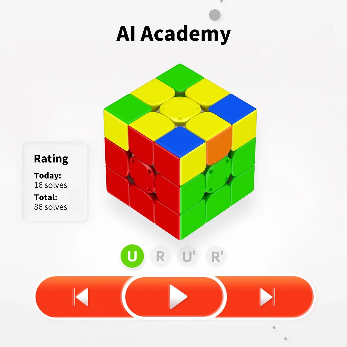 AI Academy Rubik's Cube solver app interface with colorful cube and red control buttons