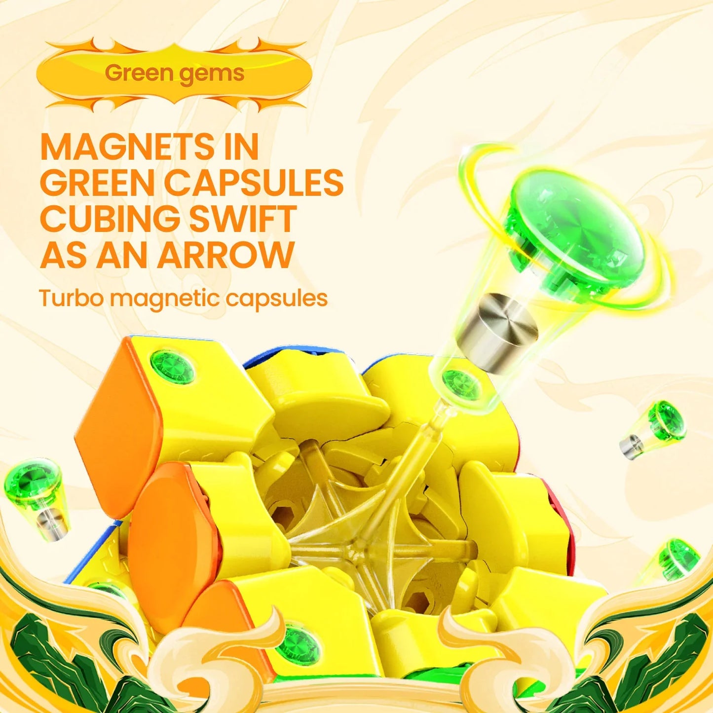 Yellow and orange puzzle cube with green magnetic capsules shown as arrows and text about green gems and turbo magnetic capsules