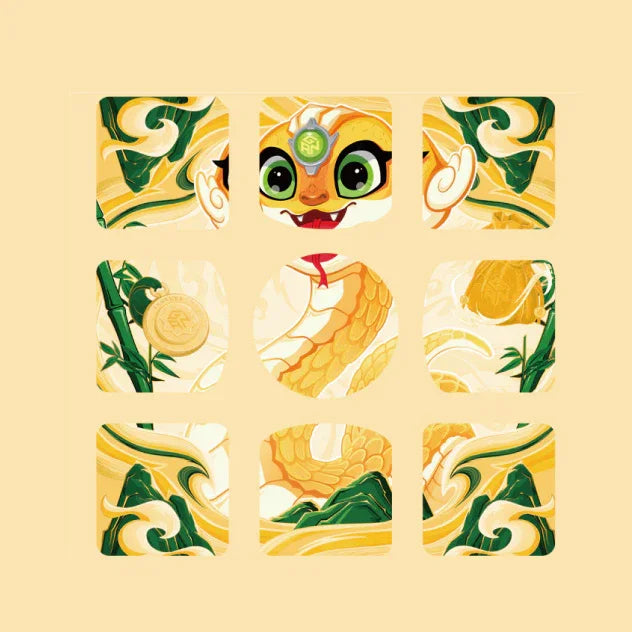 Golden snake puzzle cube with green eyes and ornate swirling patterns on beige background