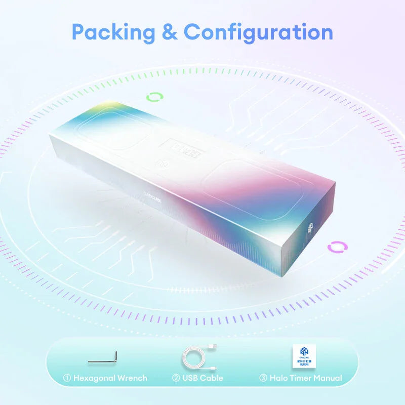 Gancube Halo smart timer packaging with hexagonal wrench, USB cable, and manual on light background