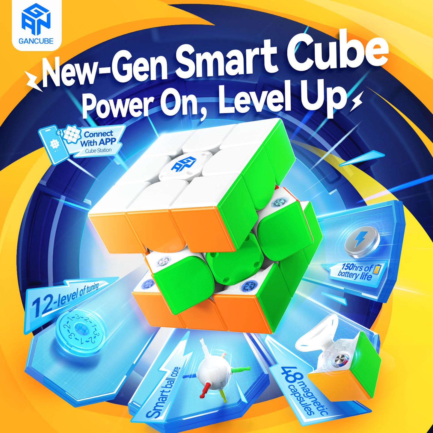New-gen GAN Cube smart puzzle with 12-level tuning, smart ball core, 48 magnetic capsules, 150hrs battery