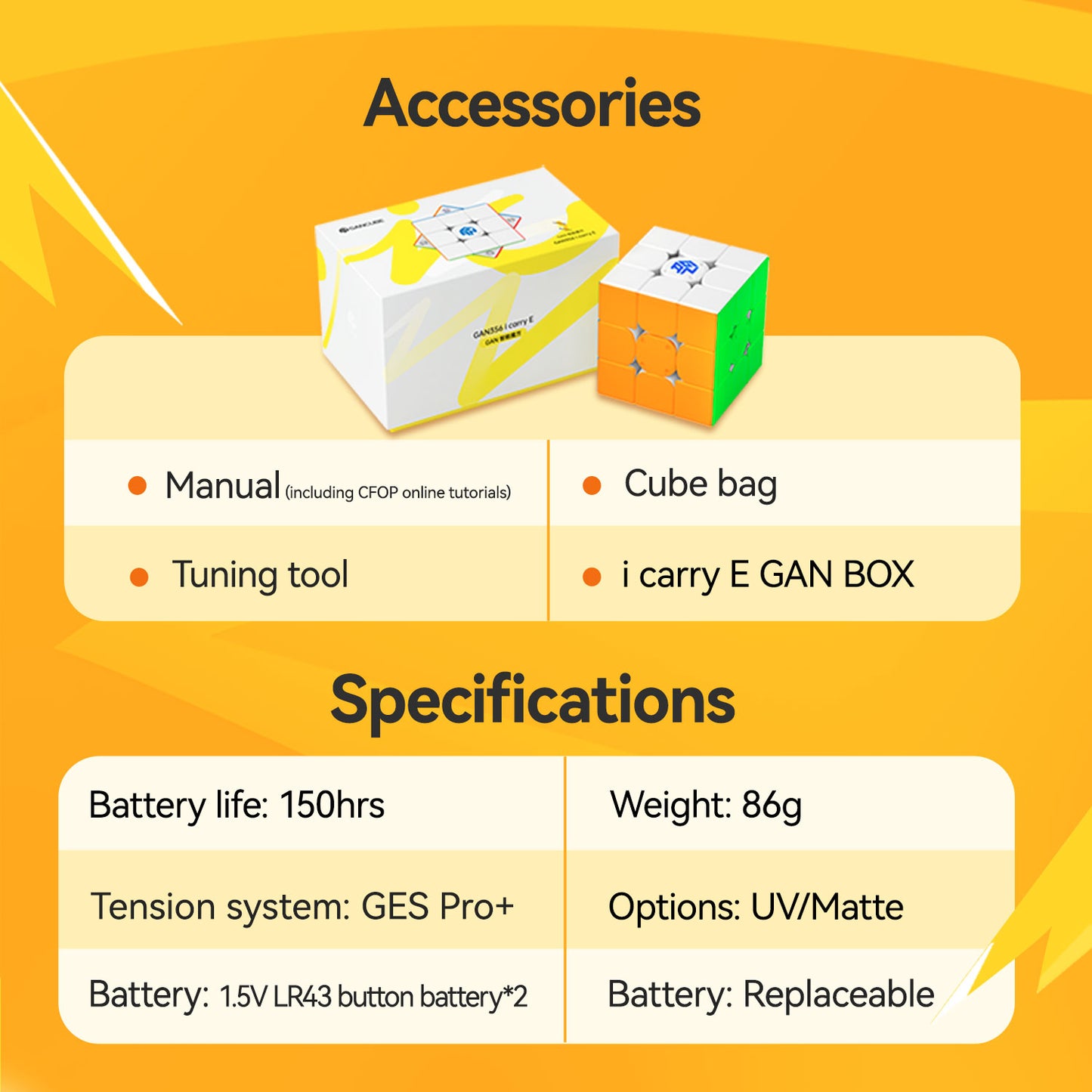 GAN i Carry E cube with box and accessories including manual, tuning tool, and cube bag on orange background