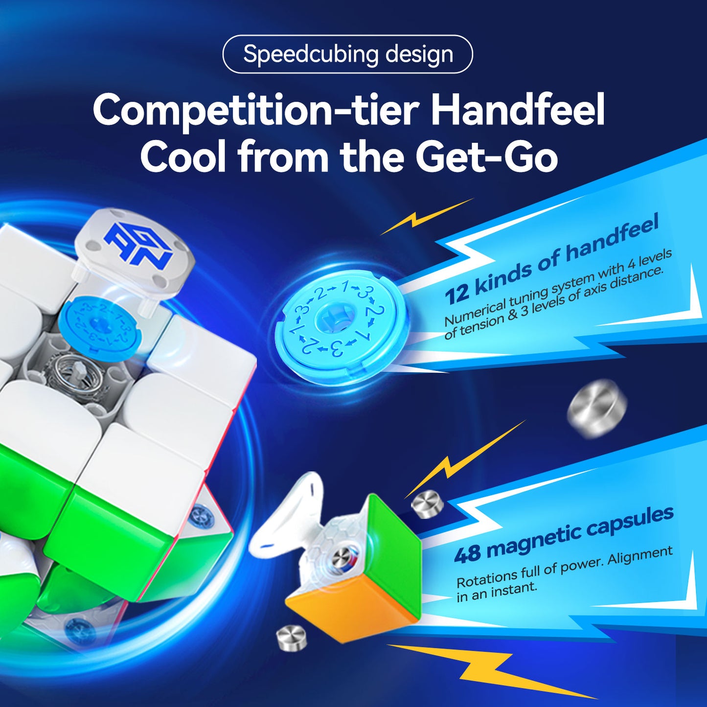 Speedcubing design cube with adjustable tension dial and magnetic capsules for smooth rotations