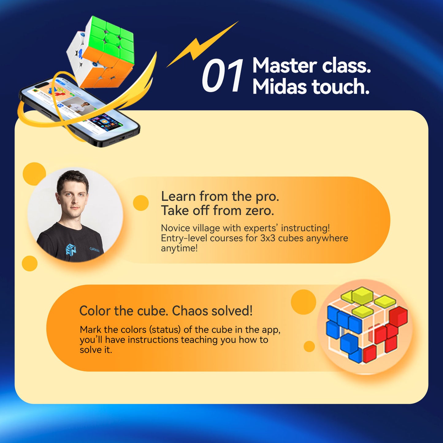 Master class for 3x3 cube solving with a professional instructor and app color status guide