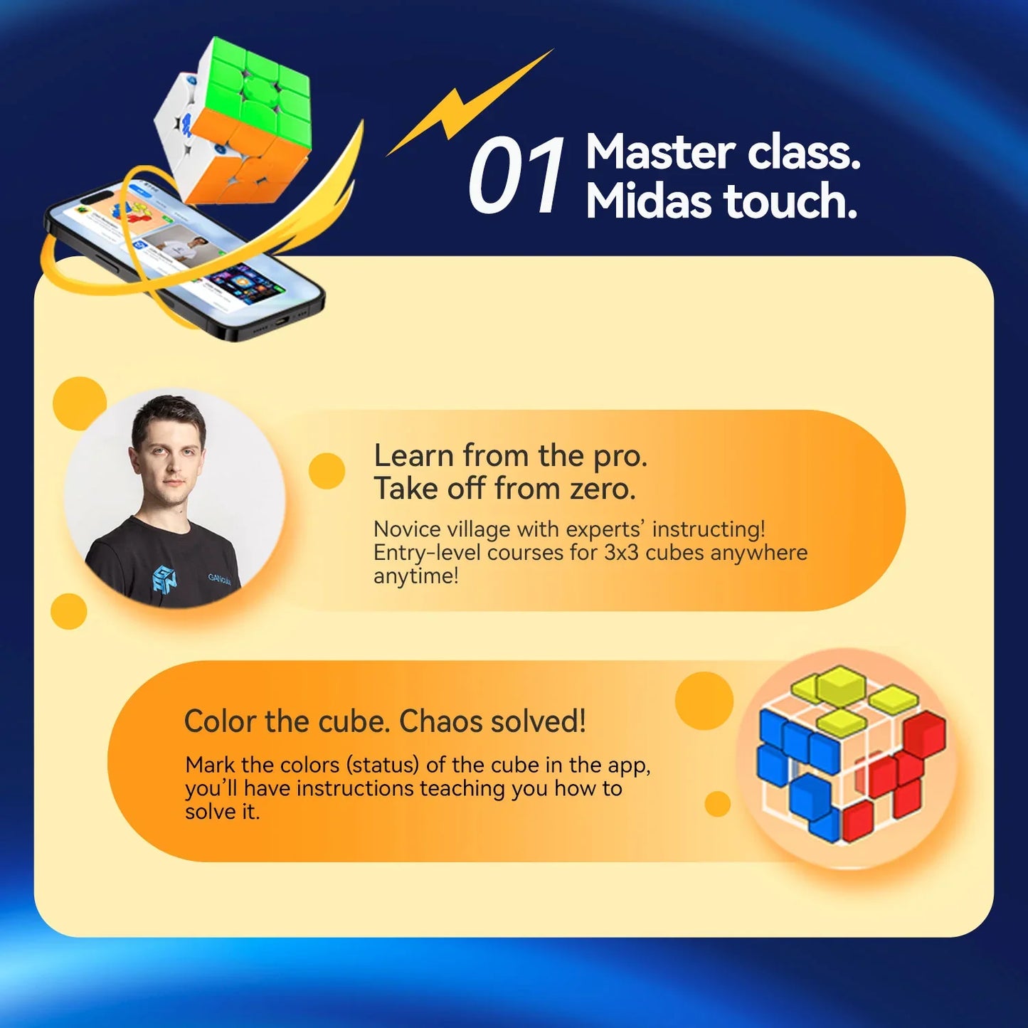 GANCUBE smart cube and phone app with speedcubing course features, expert instructor, and cube-solving guidance.