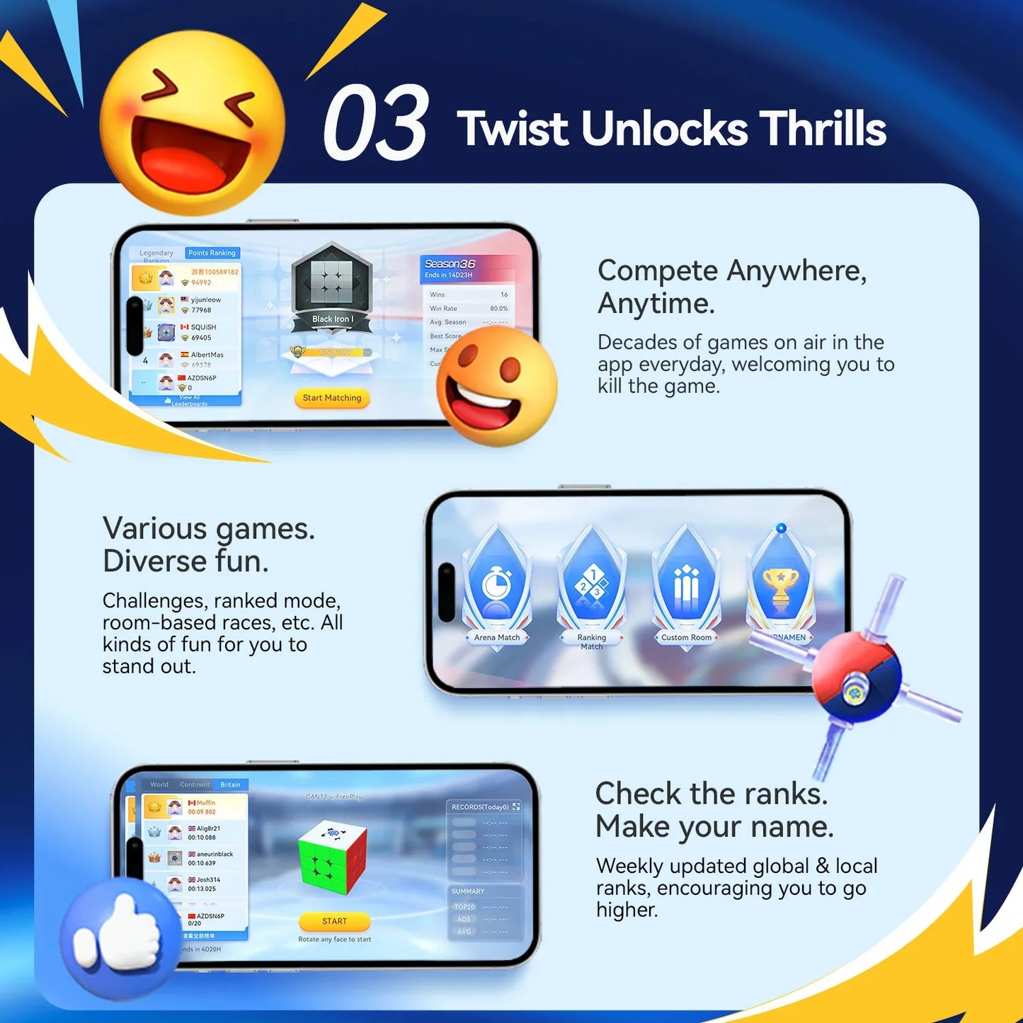 GANCUBE app interface on smartphones showing speedcube games, rankings, and fun icons