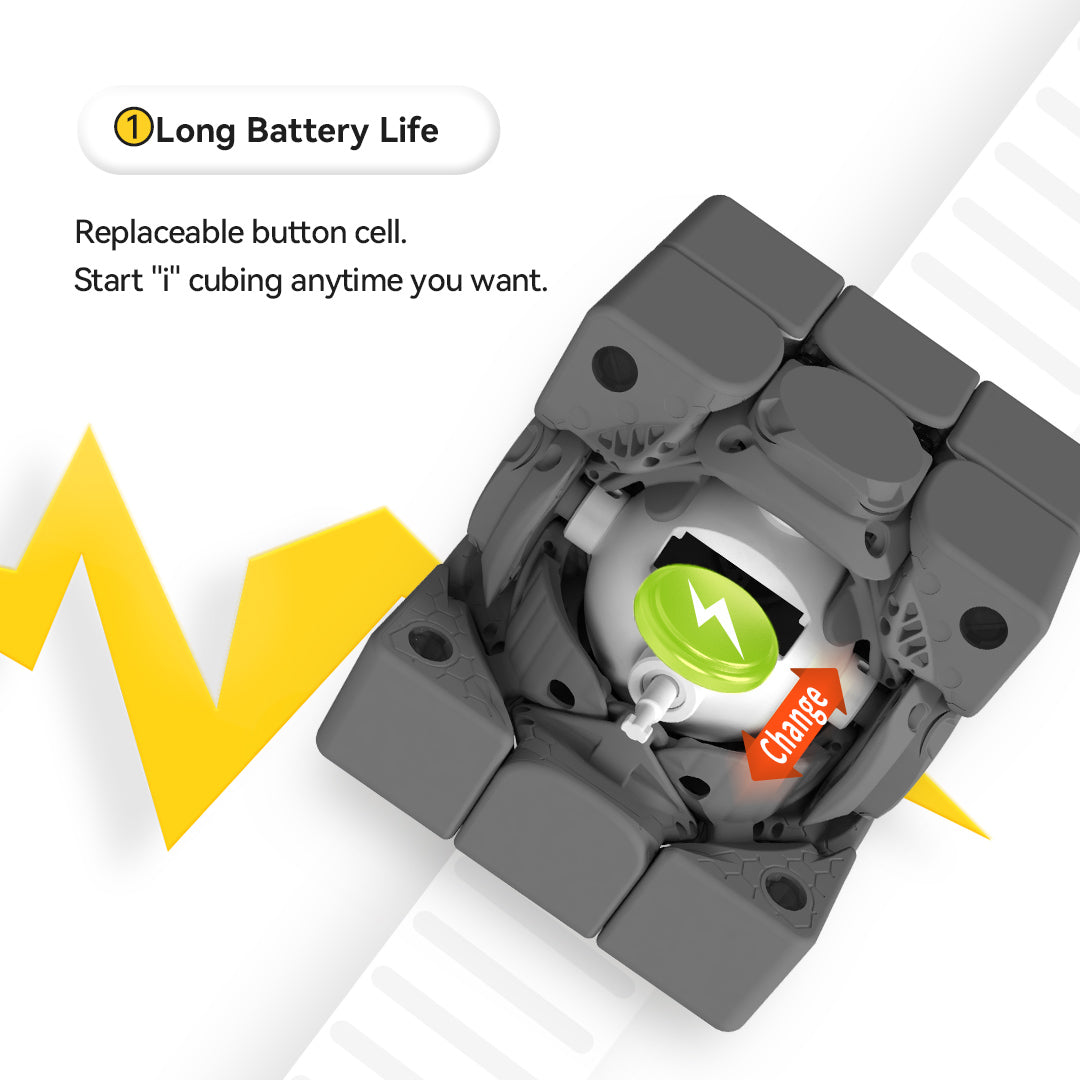 Opened black Gancube with visible replaceable button cell battery and long battery life feature