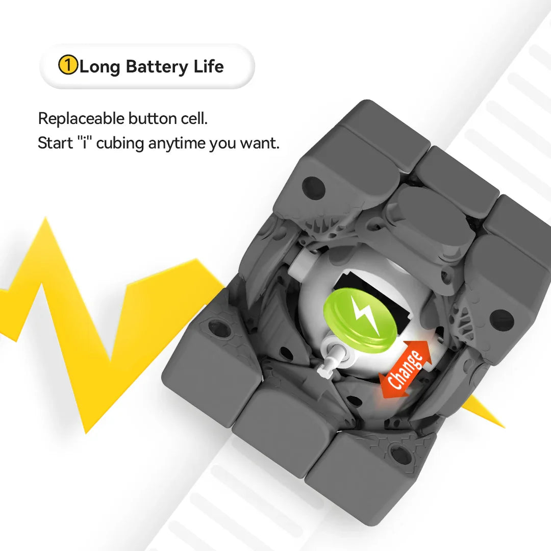 Opened black Gancube with visible replaceable button cell battery and long battery life feature