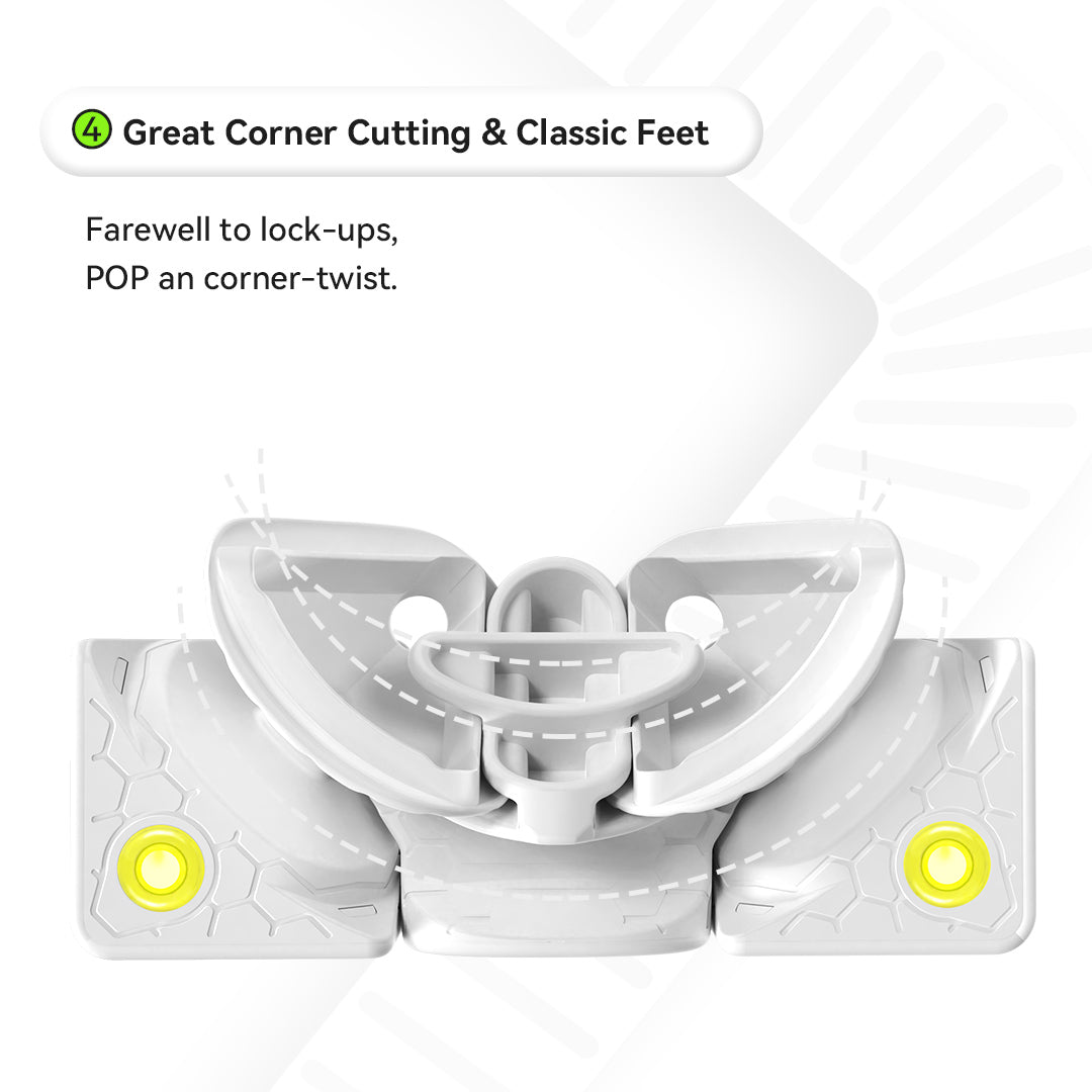 White plastic puzzle cube feet part with yellow circular accents showing corner cutting mechanism