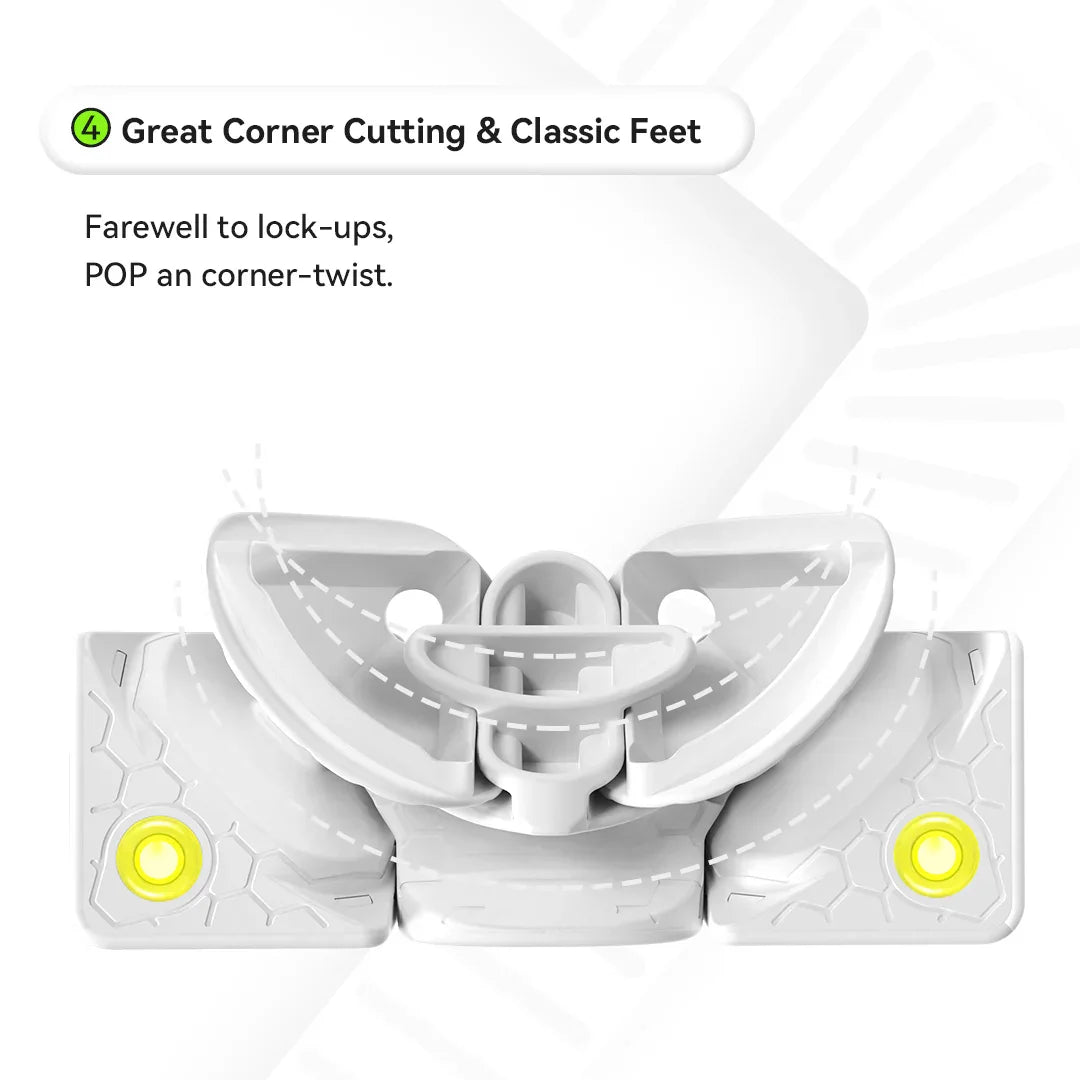 White plastic puzzle cube feet part with yellow circular accents showing corner cutting mechanism